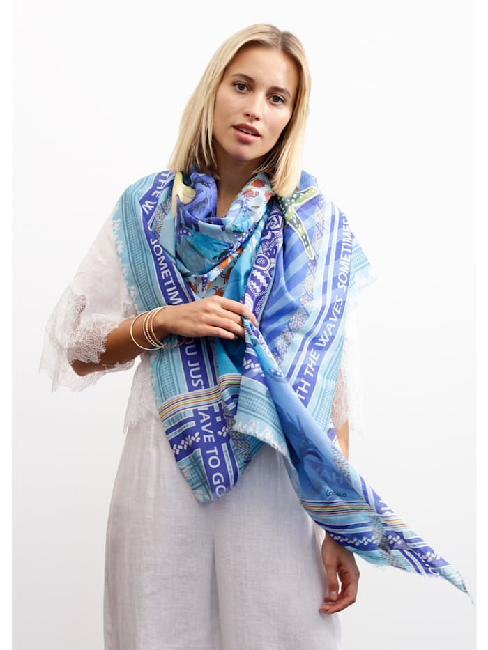 Codello Edel-Schal aus Baumwolle und Seide mit „OCEAN“-Print, blau