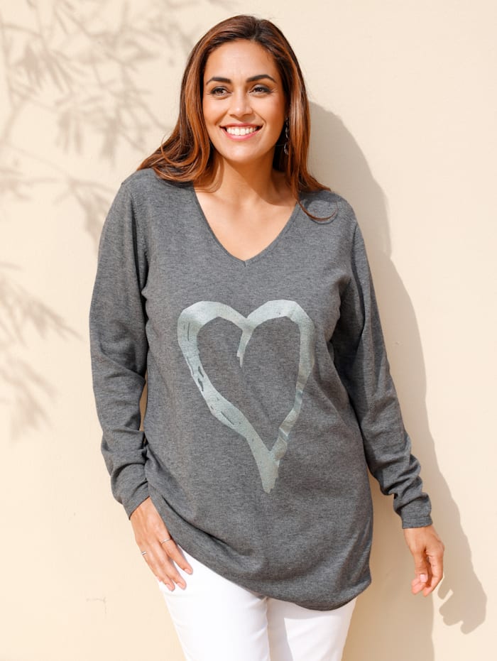 MIAMODA Pullover mit glänzendem Herz-Print, Grau