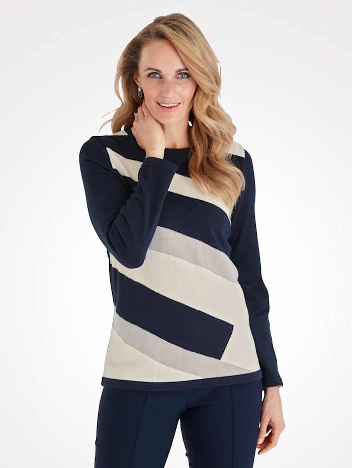 MONA Pullover mit grafischem Muster, Marineblau/Natur