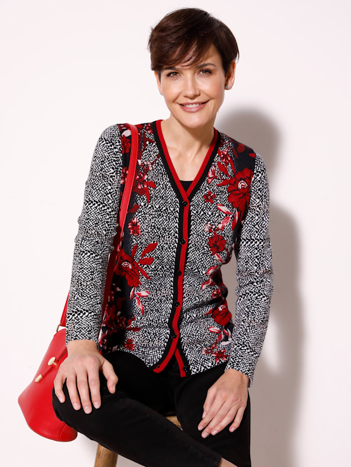 MONA Vest met gestreepte bicolor bies, Rood/Zwart