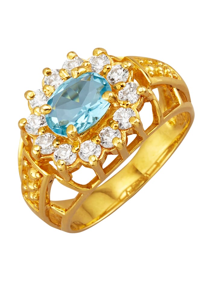 Golden Style Bague avec 1 pierre en verre bleue, Bleu ciel