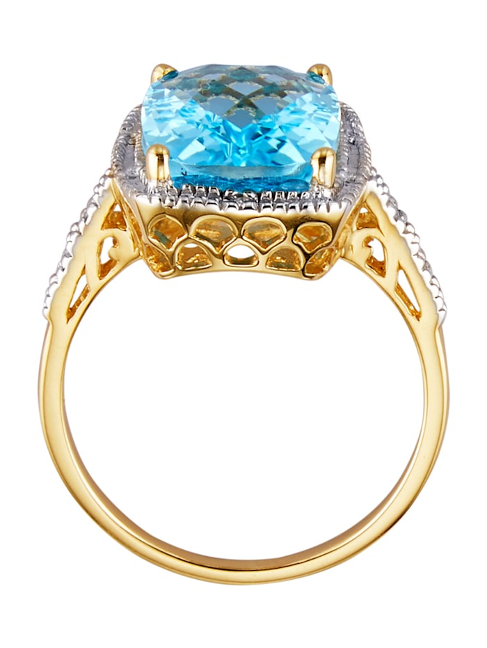 Damenring mit Blautopas und Diamanten in Gelbgold 585