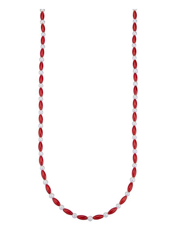 Diemer Farbstein Halskette mit Bambuskoralle und Süßwasser-Zuchtperlen in Silber 925, Rot