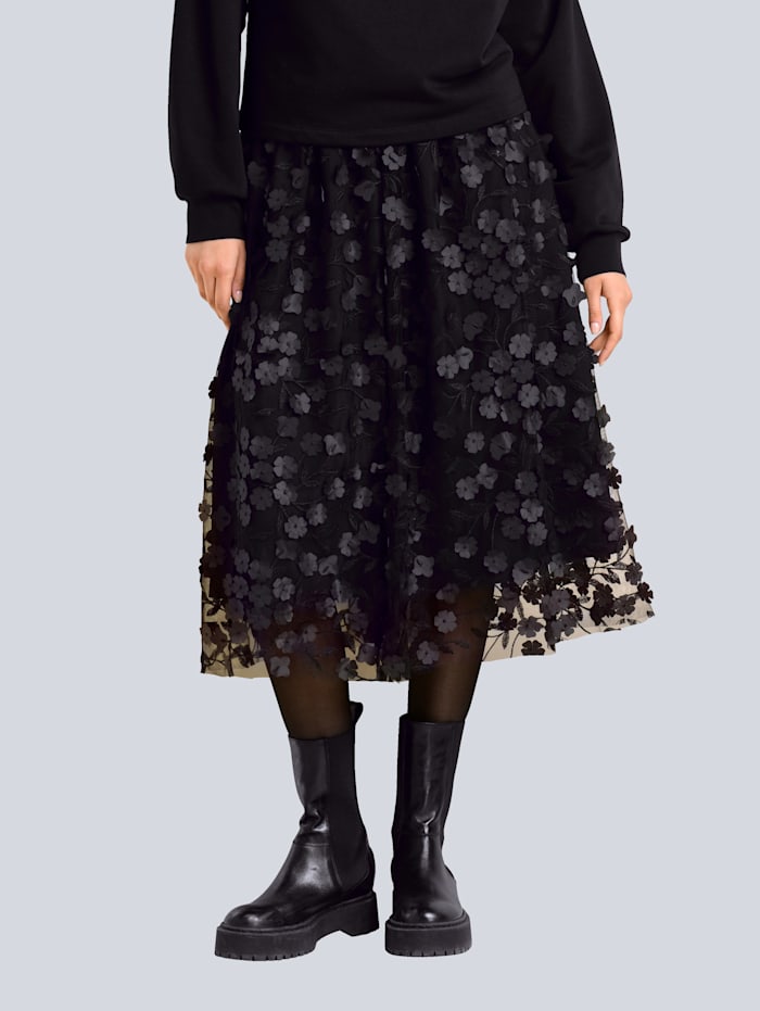 Alba Moda Rok met bloemendessin in 3D-look, Zwart