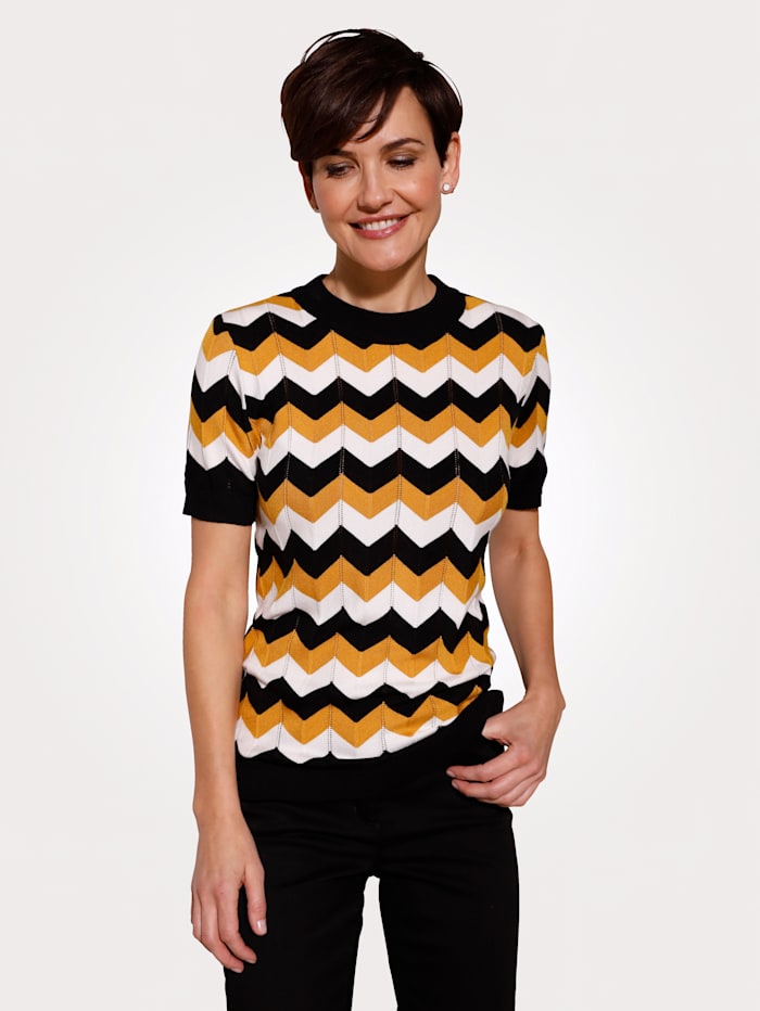 MONA Pullover mit grafischem Ajourstrick-Muster, Schwarz/Senfgelb