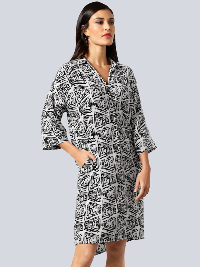 Alba Moda Kleid mit grafischem Dessin, Weiß/Schwarz/Grau
