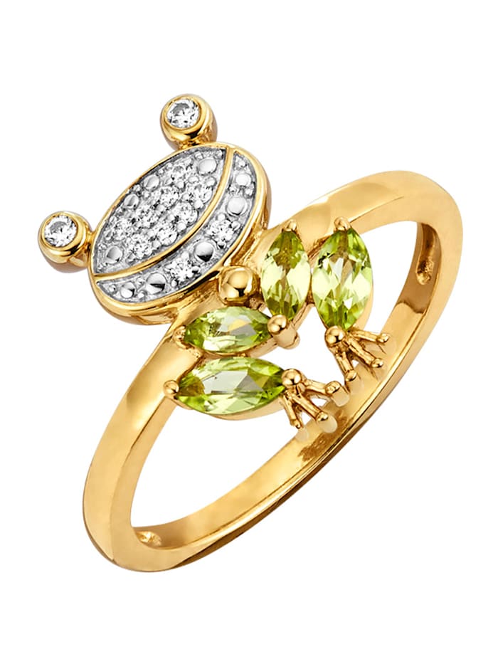Ring – groda med peridot och cubic zirconia, Grön