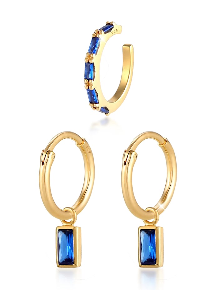 Elli Premium Ohrringe Creolen Earcuff Saphir Blau 2Er Set 925 Silber, Gold
