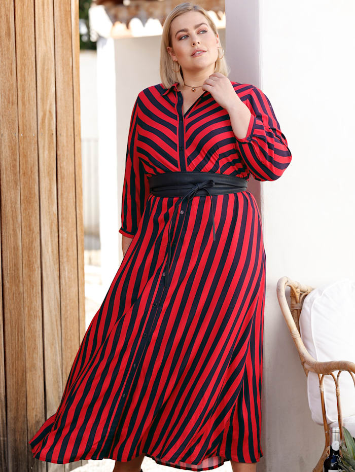 Sara Lindholm Hemdblusenkleid mit streckendem Streifenmuster, Rot/Marineblau