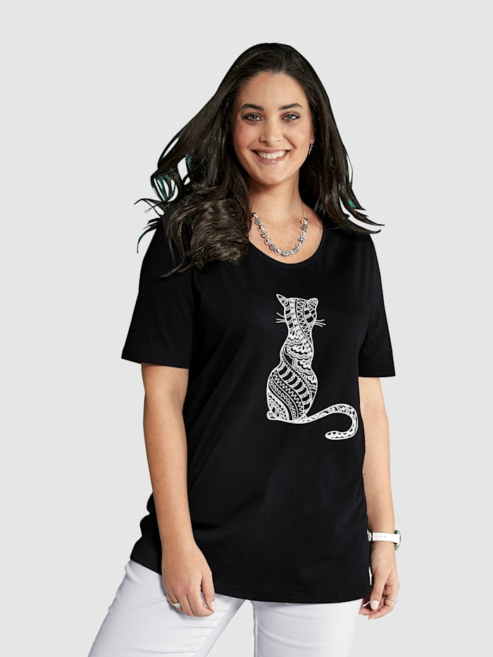 MIAMODA Shirt met kattenmotief, Zwart