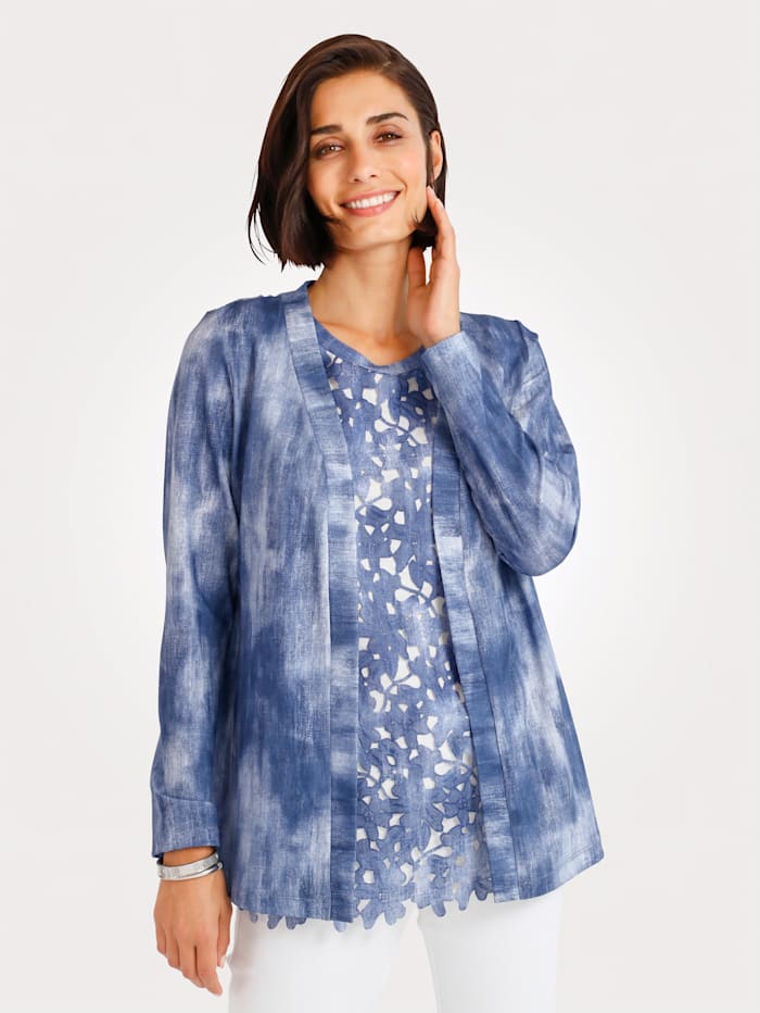 MONA Shirtjacke mit Webspitze, Blau/Weiß