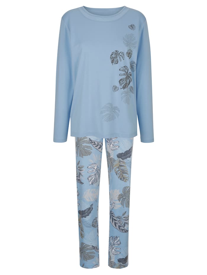 MONA Schlafanzug mit Blättermotiven, Hellblau/Grau