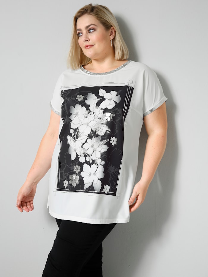 Sara Lindholm Shirt mit silberfarbenem Ärmelsaum und Ausschnitt, Weiß/Schwarz/Silberfarben
