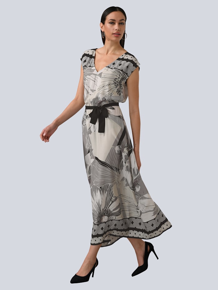 Alba Moda Kleid mit platziertem Blütendruck, Grau/Schwarz