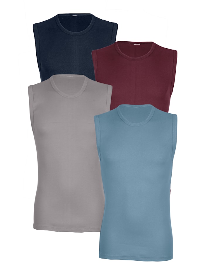 Mouwloze shirts per 4 stuks in klassieke kleuren, 1x marine, 1x lichtblauw, 1x lichtgrijs, 1x robijnrood