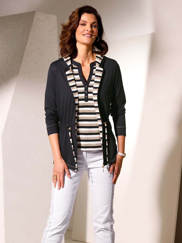 MONA Shirtjacke mit weitenregulierbarem Taillenband, Marineblau/Weiß/Goldfarben
