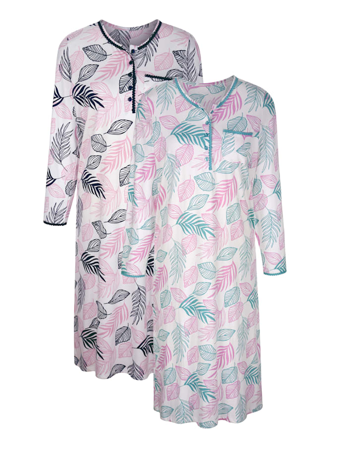Harmony Nachthemden per 2 stuks met schattig borstzakje, ecru/marine/jadegroen