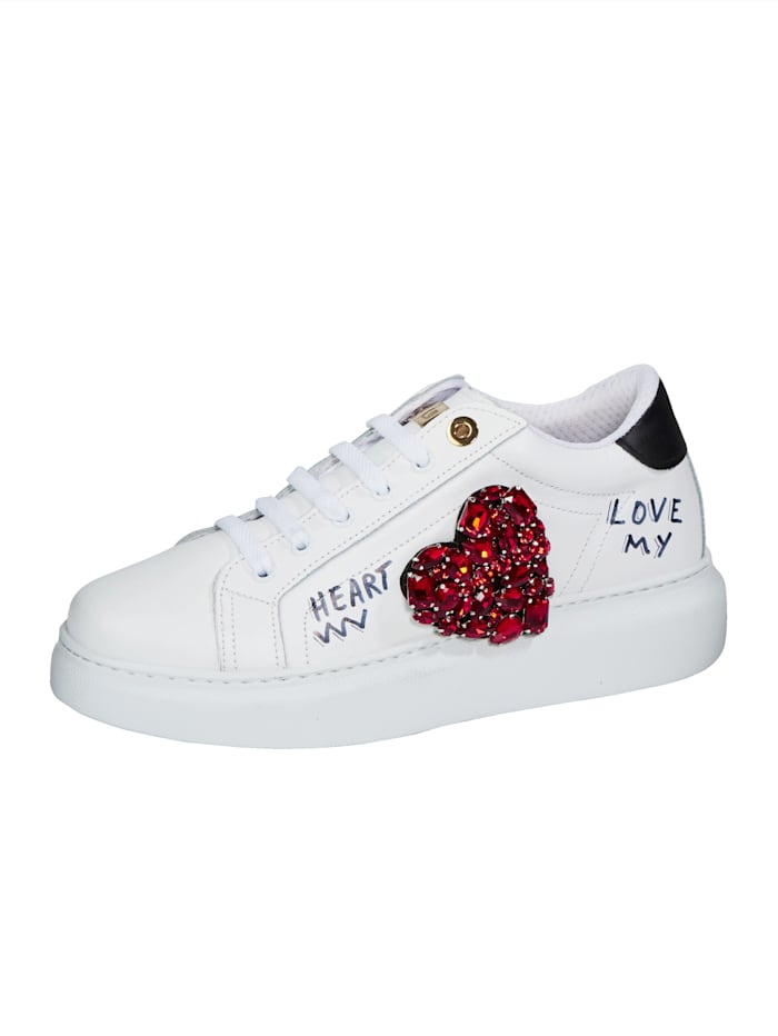 Studio W Sneakers à plateau avec pierres fantaisie scintillantes end orme de cœur, Blanc/Rouge/Noir