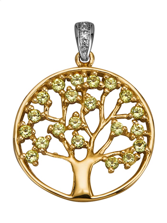 Diemer Farbstein Anhänger - Lebensbaum - mit Peridot-Steinen und Diamant in Gelbgold 585, Gelbgold