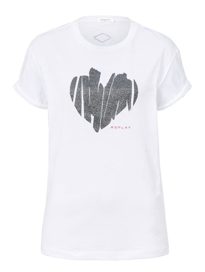 REPLAY T-Shirt mit Herzprint, Weiß