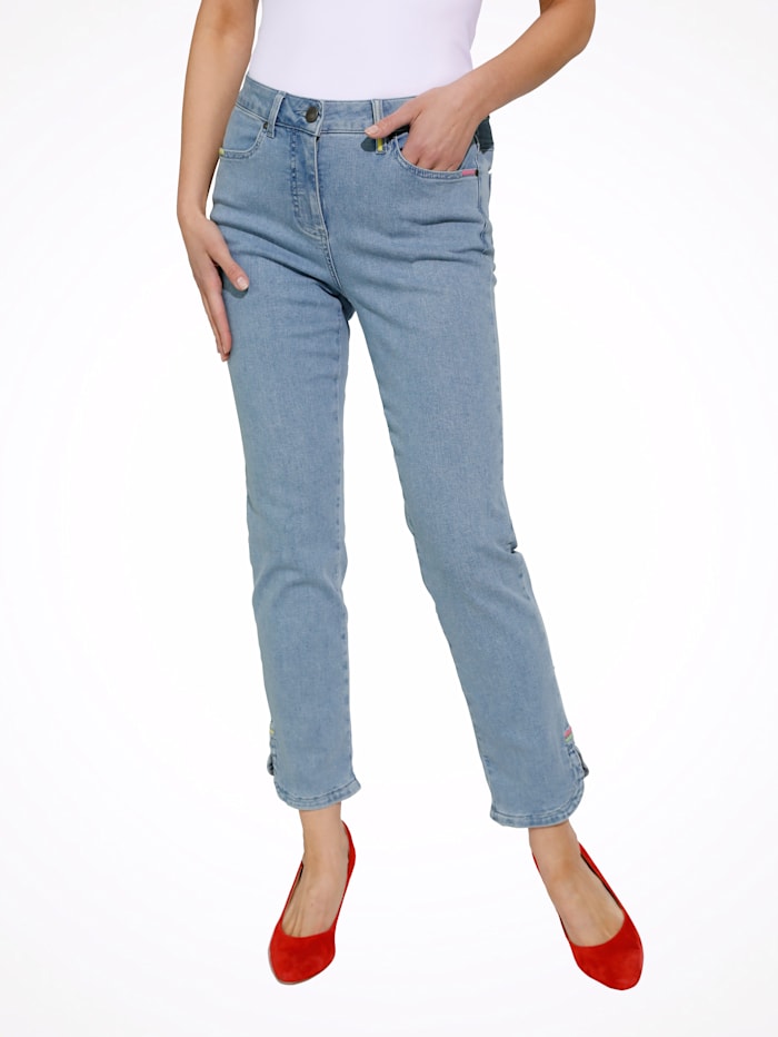 MONA 7/8-jeans met gekleurd borduursel, Lichtblauw