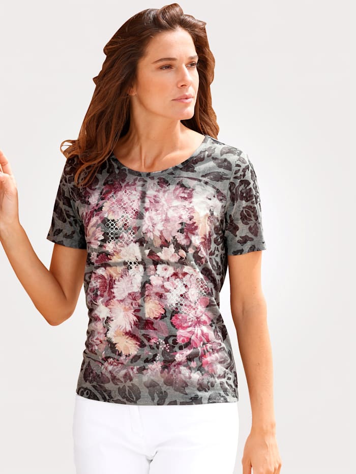 MONA T-shirt en matière dévorée fleurie, Gris/Rose/Lilas
