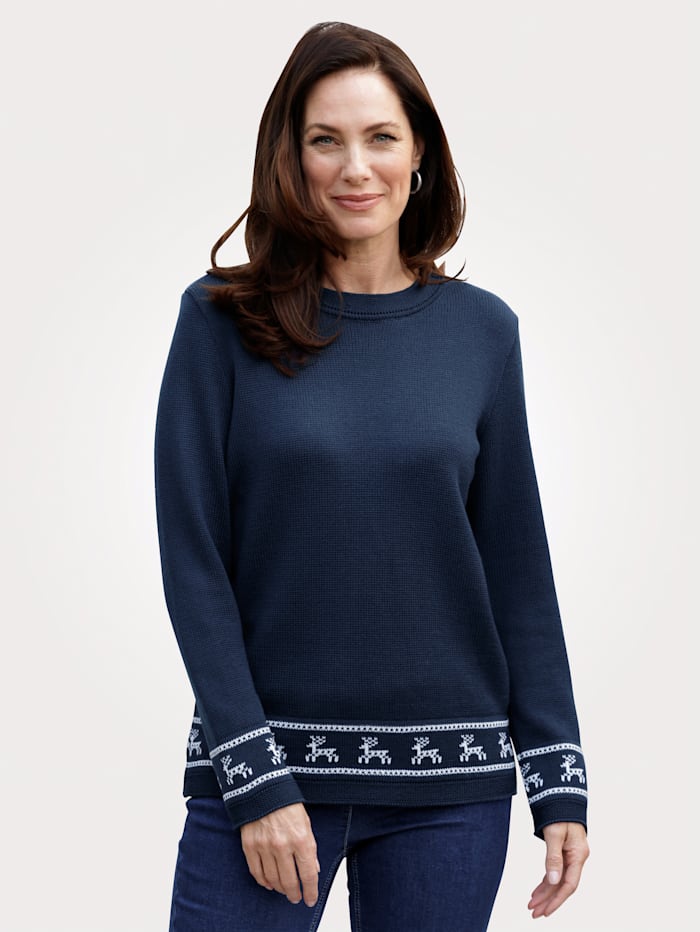 MONA Pullover mit winterlichem Strickmuster, Marineblau/Weiß