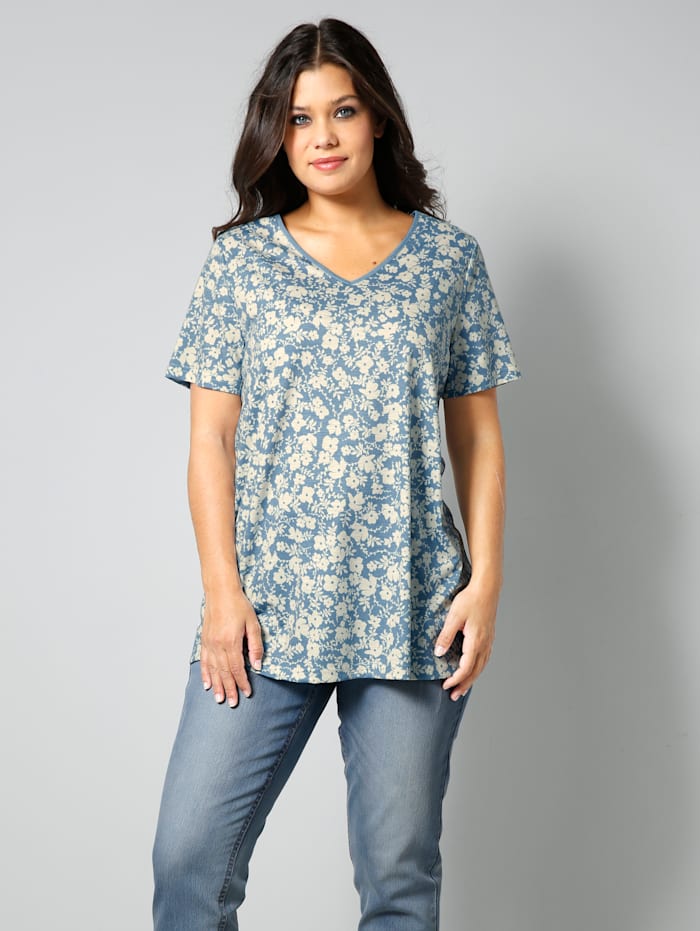 Janet & Joyce Shirt mit femininem Blumenmuster, Jeansblau/Natur