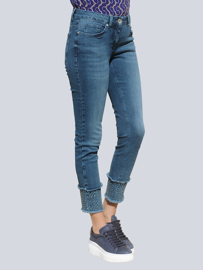 Alba Moda Jeans mit Ziersteinen am Saum, Blau