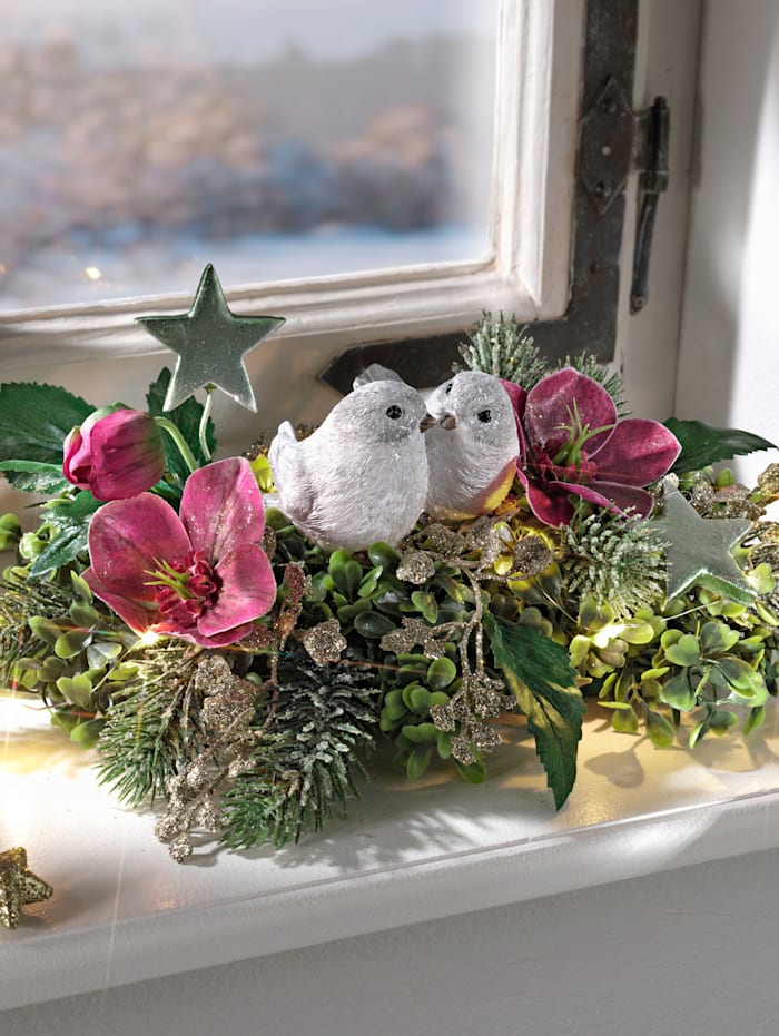 Arrangement de table Roses de Noël avec oiseaux