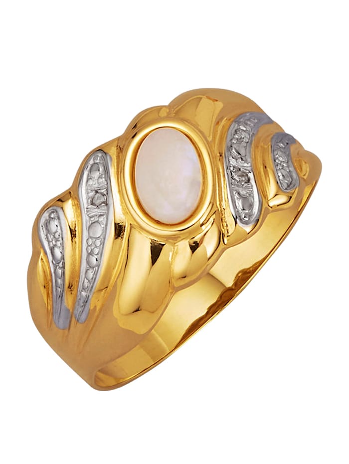 KLiNGEL Damenring mit weißem Opal und Diamanten, Bicolor