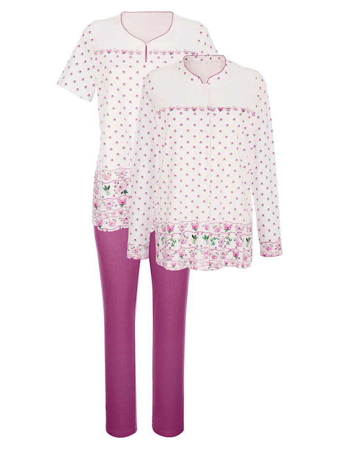 Harmony Schlafanzug 3tlg. mit floralem Bordürendruck, Ecru/Fuchsia