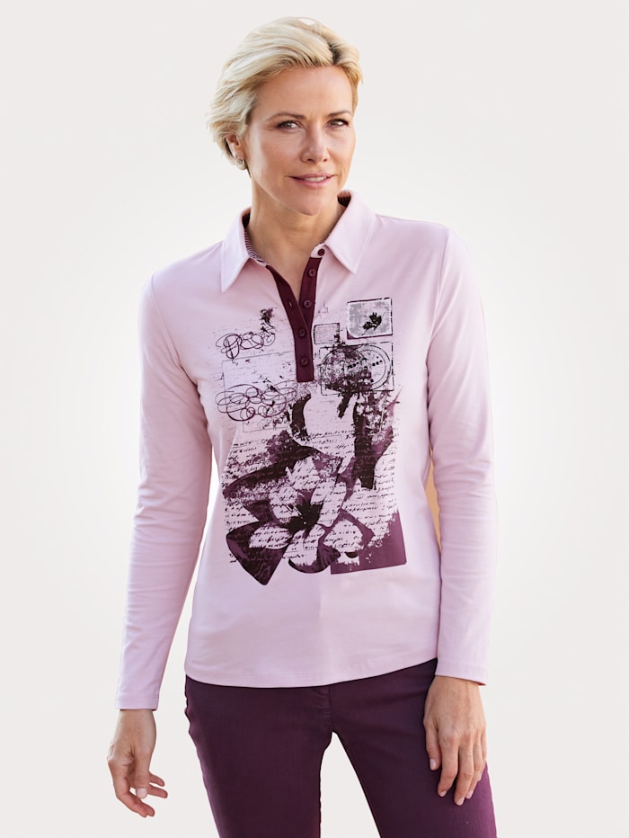 MONA Poloshirt mit platziertem Druckmotiv, Rosé/Grau/Aubergine