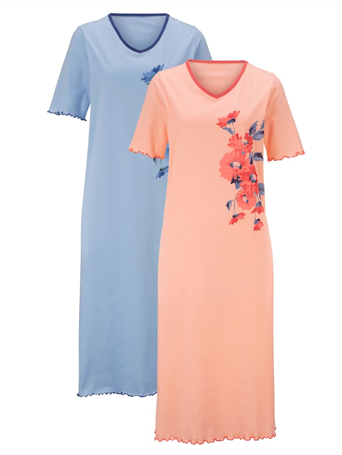 Harmony Nachthemd im 2er Pack mit platziertem Floraldruck, Apricot/Hellblau