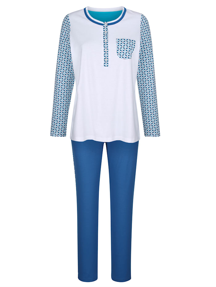 Blue Moon Schlafanzug mit kontrastfarbener Brusttasche, Weiß/Royalblau