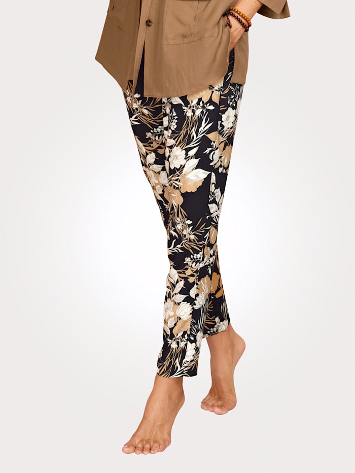 MONA Pantalon à imprimé floral, Noir/Caramel/Blanc