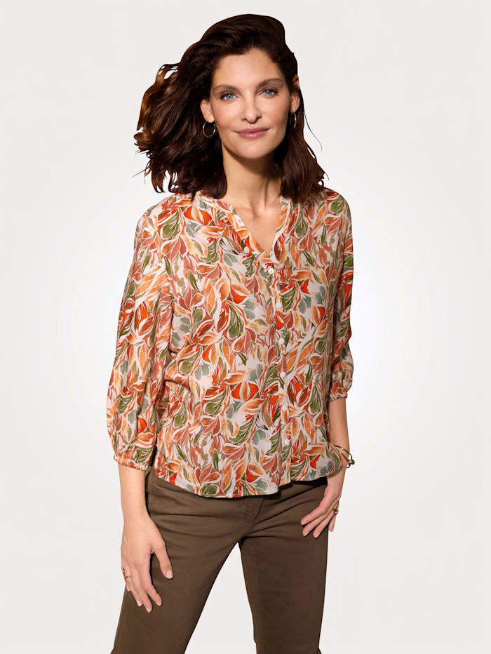 MONA Bluse mit effektvollem Blätterdruck, Weiß/Koralle/Grün