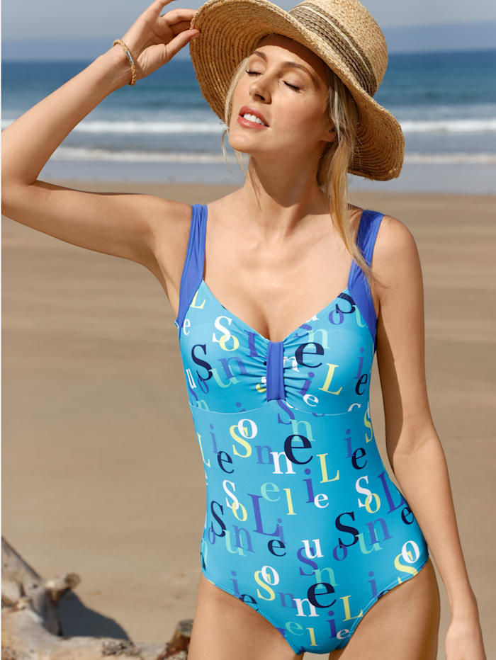 Maritim Badeanzug mit dekorativer Raffung im Brustbereich, Türkis/Royalblau