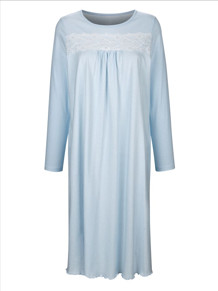 MONA Chemise de nuit avec dentelle soulignée de jolies fronces, Bleu ciel/Blanc