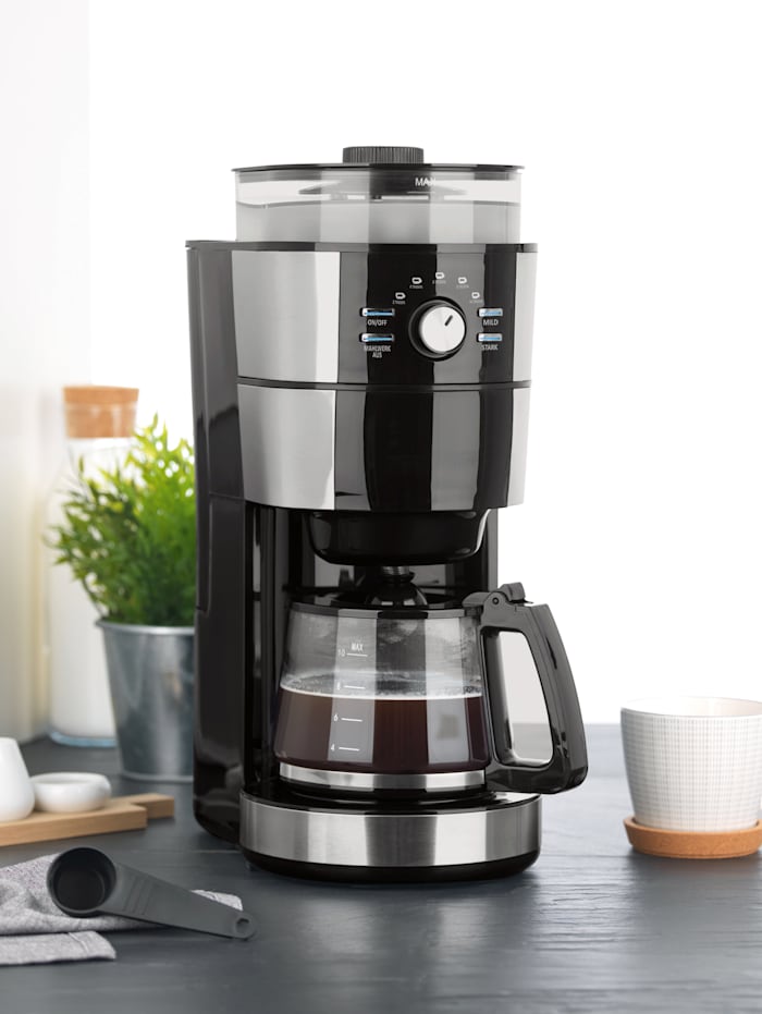 BEEM Beem filterkoffiezetapparaat met glazen kan en koffiemolen, 1,25 liter, Zwart/Zilverkleur