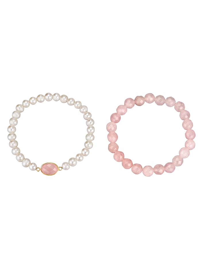 Lot de 2 bracelets avec perle de culture d'eau douce et quartz rose, Multicolore