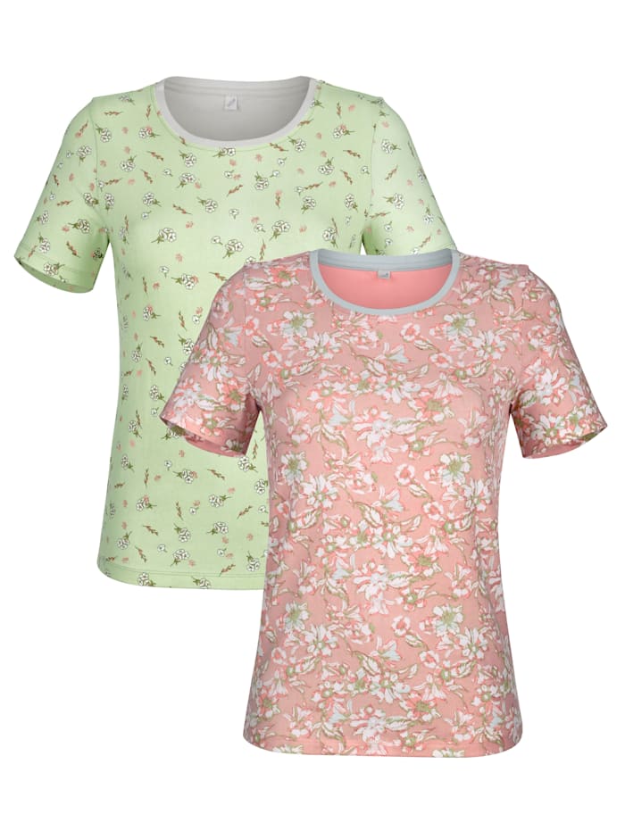 Harmony Shirts per 2 stuks met bloemendessin, Lindegroen/Roze