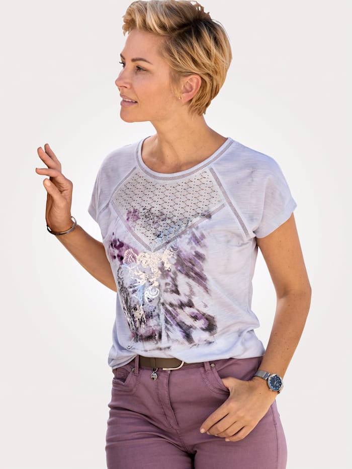 MONA Shirt met print in harmonieuze kleuren, Wit/Grijs/Lavendel