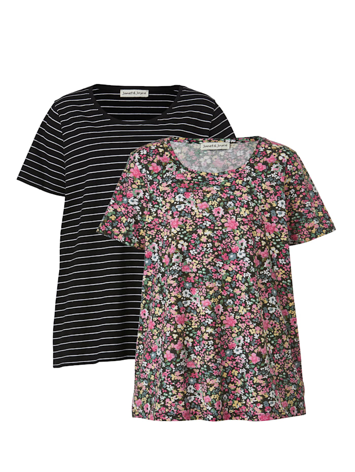 Janet & Joyce Shirts per 2 stuks 1x gebloemd, 1x gestreept, Zwart/multicolor