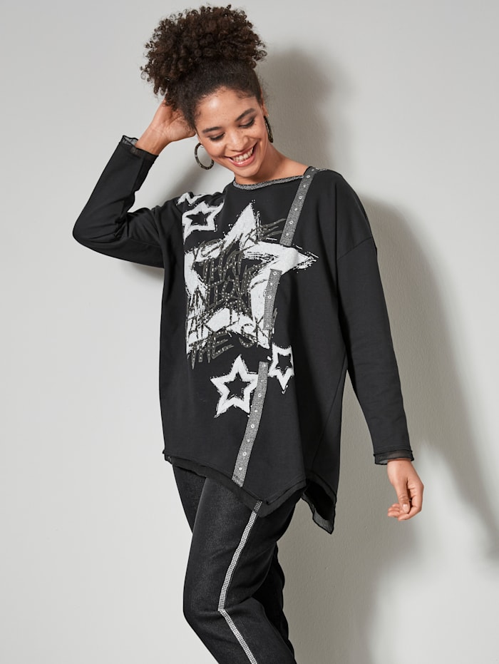 Angel of Style Sweatshirt mit Mesh an Ärmeln und Saum, Schwarz/Silberfarben