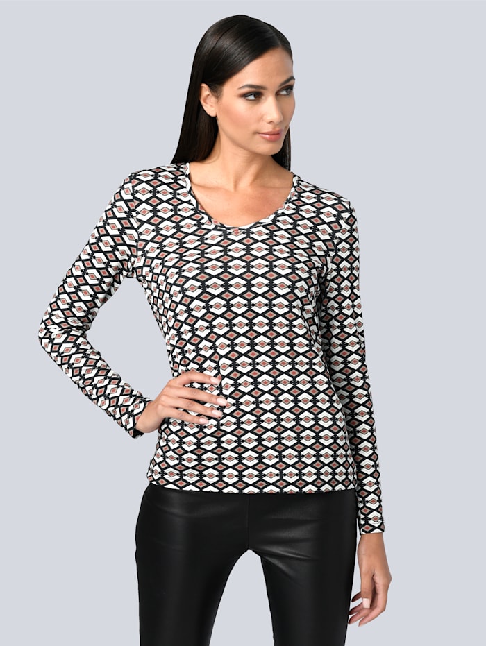 Alba Moda Shirt mit grafischem Druck, Schwarz/Rosé/Weiß