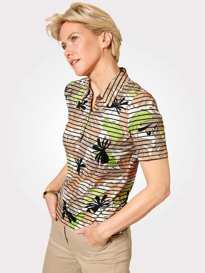 Barbara Lebek Poloshirt met print rondom, Beige/Groen