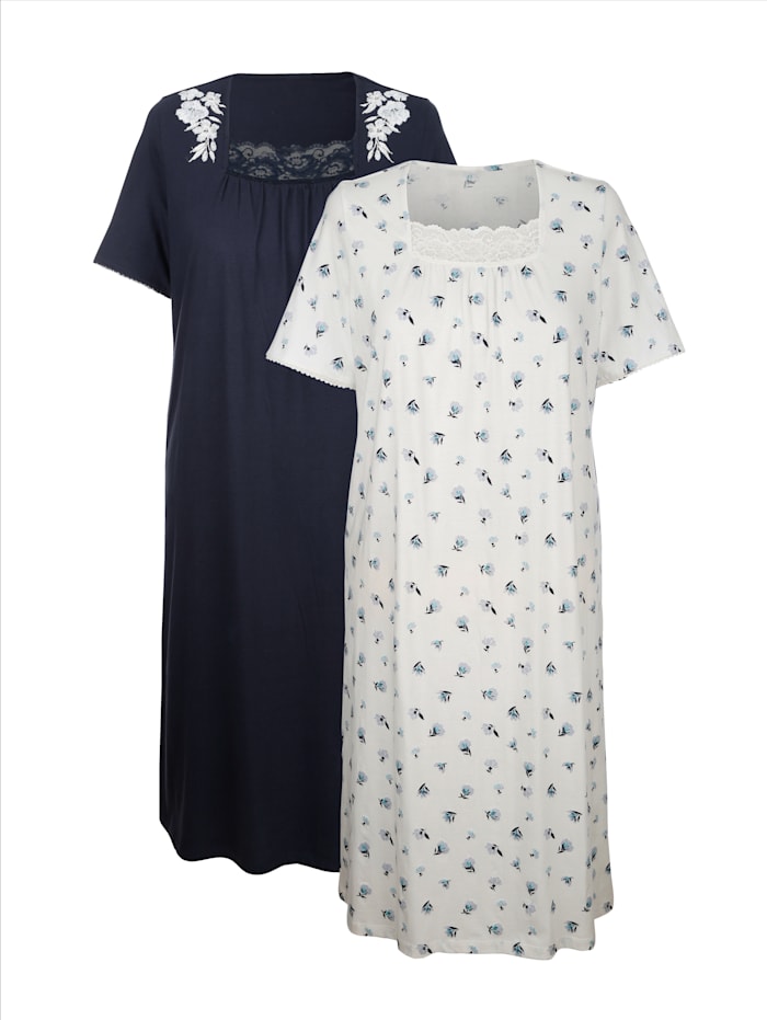 Harmony 2 pack nightdresses with lace and embroidery, Navy/Ecru