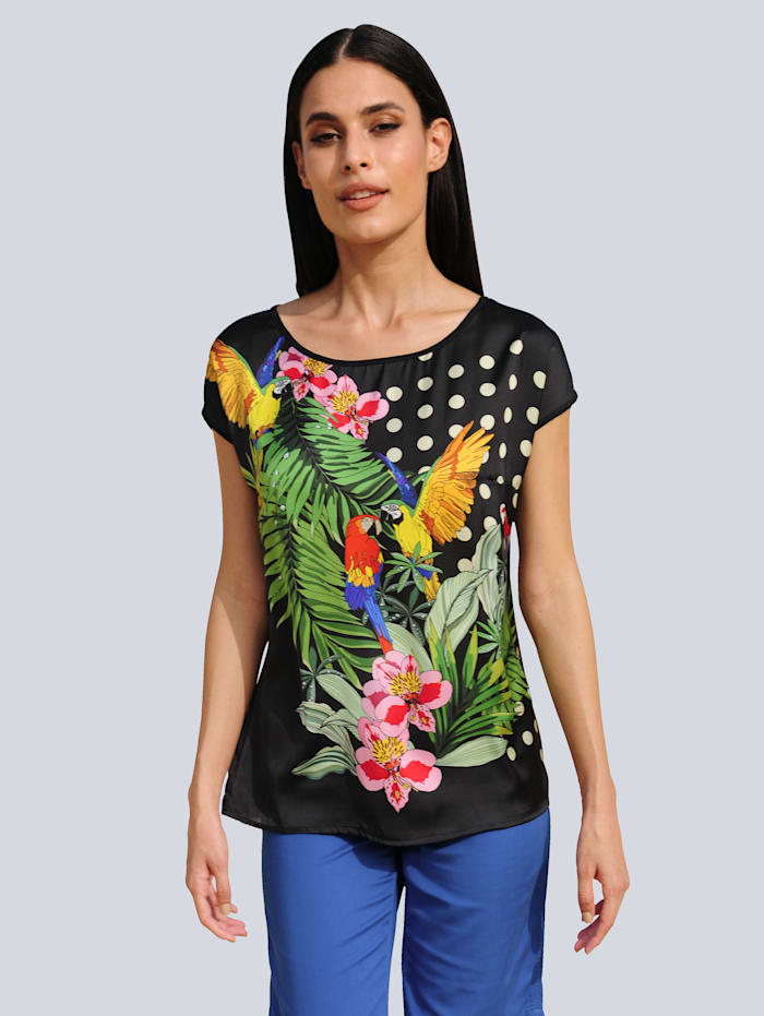 Alba Moda Shirtbluse mit platziertem Papageiendruck, Schwarz