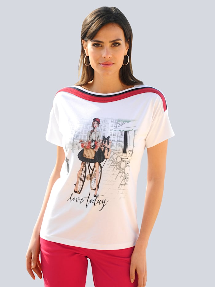 Alba Moda T-shirt à imprimé mode devant, Blanc/Rouge/Marine